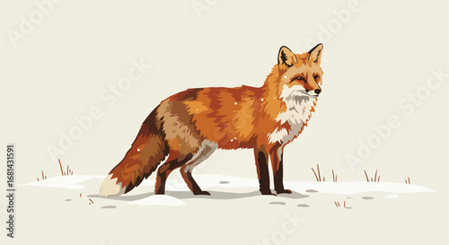 Fox Standing Alert in Snowy Field