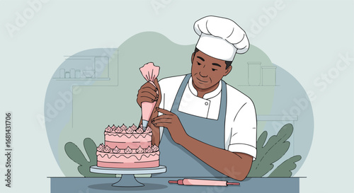Chef Decorating Cake in Kitchen