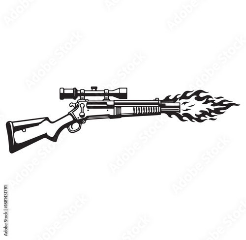 Vector illustration of a rifle with a scope and a fiery muzzle blast emitting flames