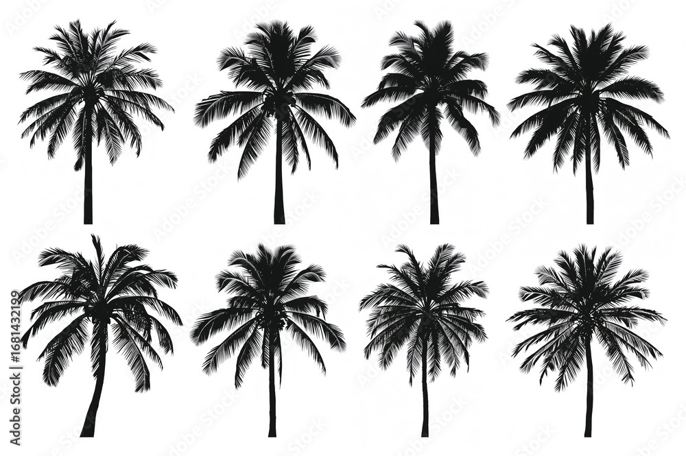 Obraz premium Collection of palm tree vector silhouettes on a white backdrop