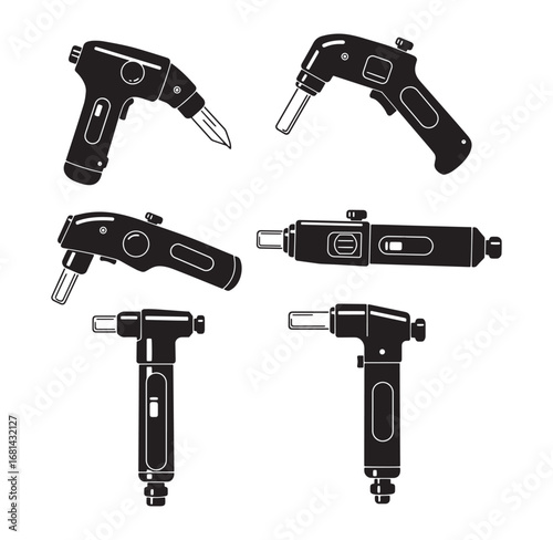 Vector illustration set of black and white handheld blow torches in various angles