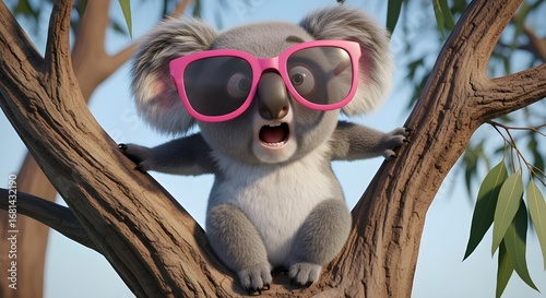 Funny koala bear wearing pink sunglasses in tree branch animal cartoon character art