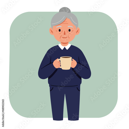 Grandma Holds Hot Coffee Cup in Cozy Home Comforting Moment