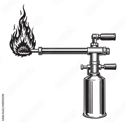 Vintage style black and white blowtorch with flames isolated on a white background