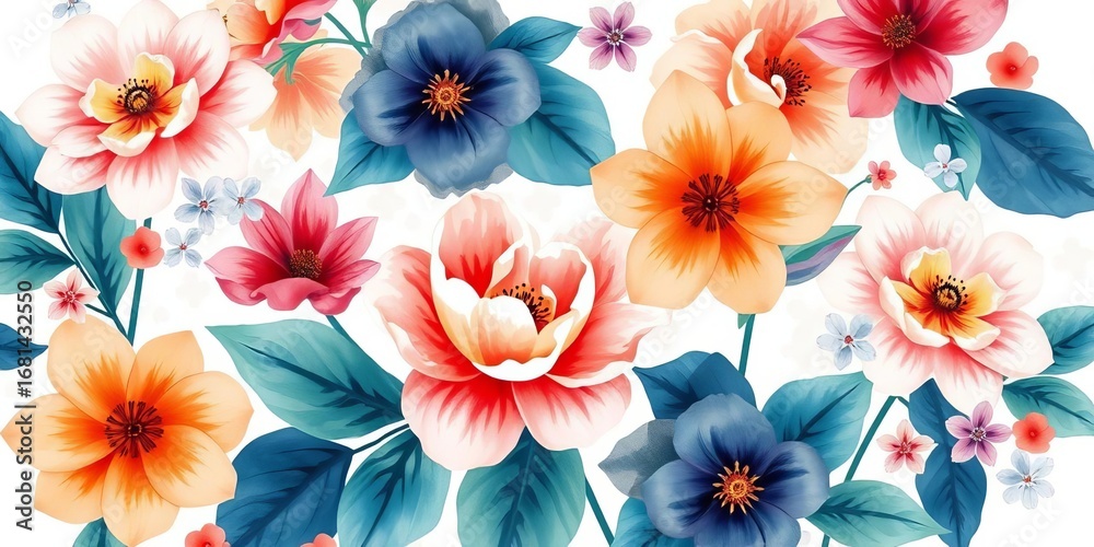 Fototapeta premium Watercolor abstract floral pattern, Asian-inspired Japanese & Chinese style botanical design, illustration, ink