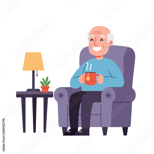 Man is Relaxing with Tea in Armchair