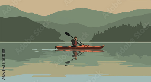 Paddling a Kayak on Still Lake Surrounded by Mountains and Calm Nature