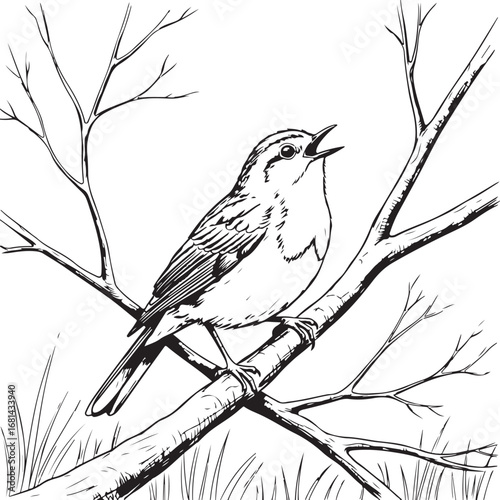 Bird singing on a branch with grass tree nature
