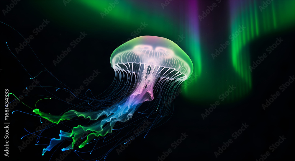 Naklejka premium Stunning bioluminescent jellyfish swimming through vibrant aurora borealis lights in dark ocean