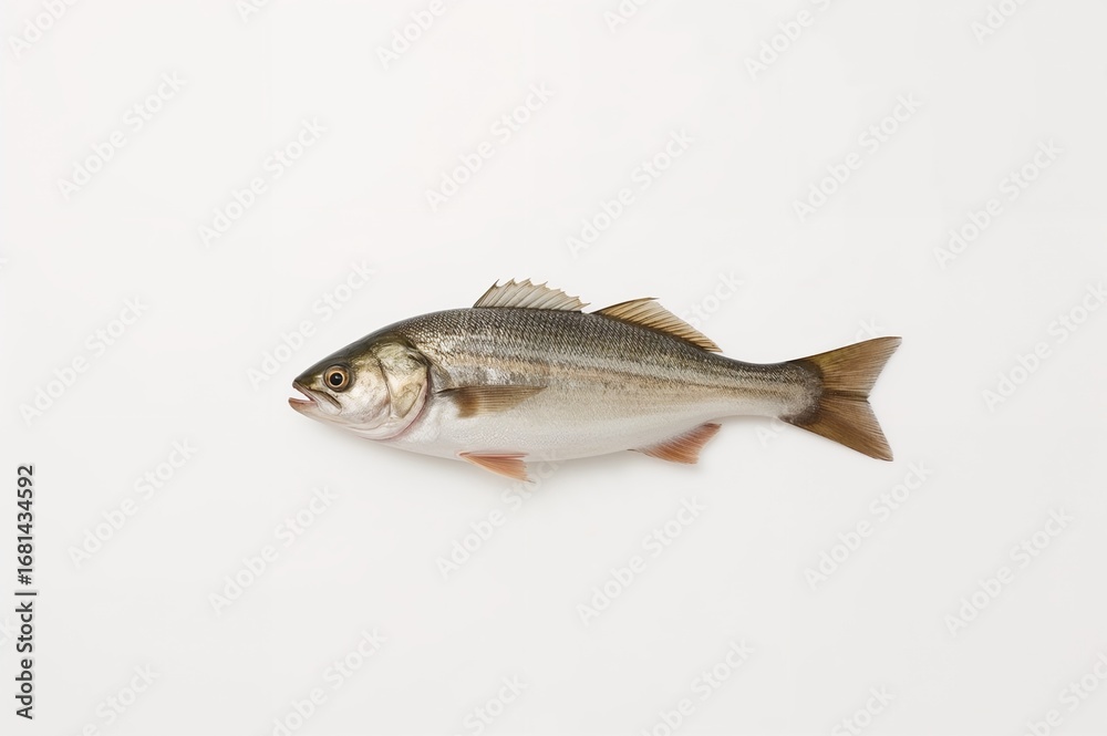 Naklejka premium Single fish isolated on a white surface, natural sea animal in a kitchen setting