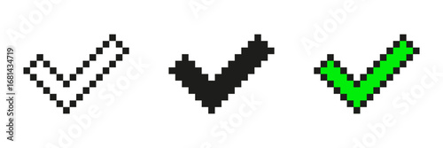 Pixel Art Checkmark Icon Set. Approval And Confirmation Symbols In Pixelated Style. Includes White, Black, And Green Variations. Isolated Vector Illustration