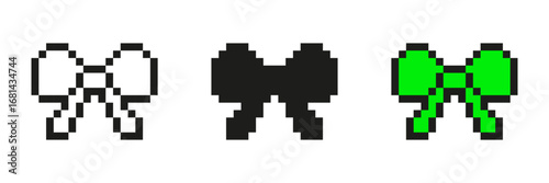 Pixel Art Bow Icon Set. Decorative Ribbon Pixelated Symbol Collection. Black, White, And Green Variations. Isolated Vector Illustration