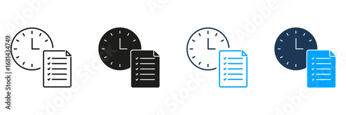 Clock And Checklist Line And Solid Icon Set. Time Management, Task Scheduling, And Productivity Planning Symbol Collection. Efficient Workflow And Organization. Isolated Vector Illustration