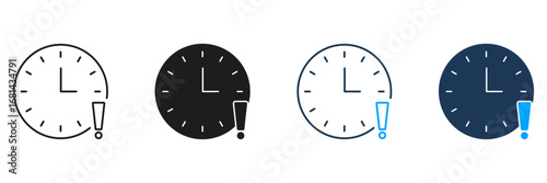 Clock With Exclamation Mark Line And Solid Icon Set. Time Management, Urgency, And Deadline Alert Symbol Collection. Reminder And Notification Concept. Isolated Vector Illustration