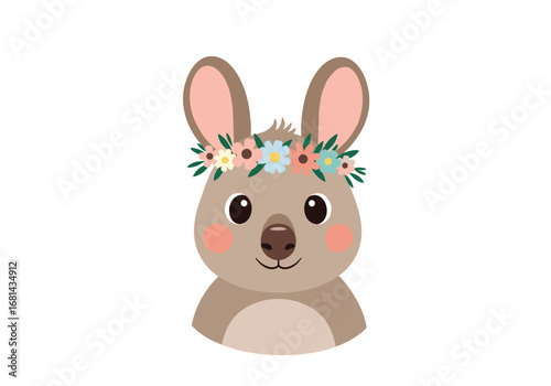 Adorable cute baby kangaroo wearing a flower crown cute kawaii animal illustration