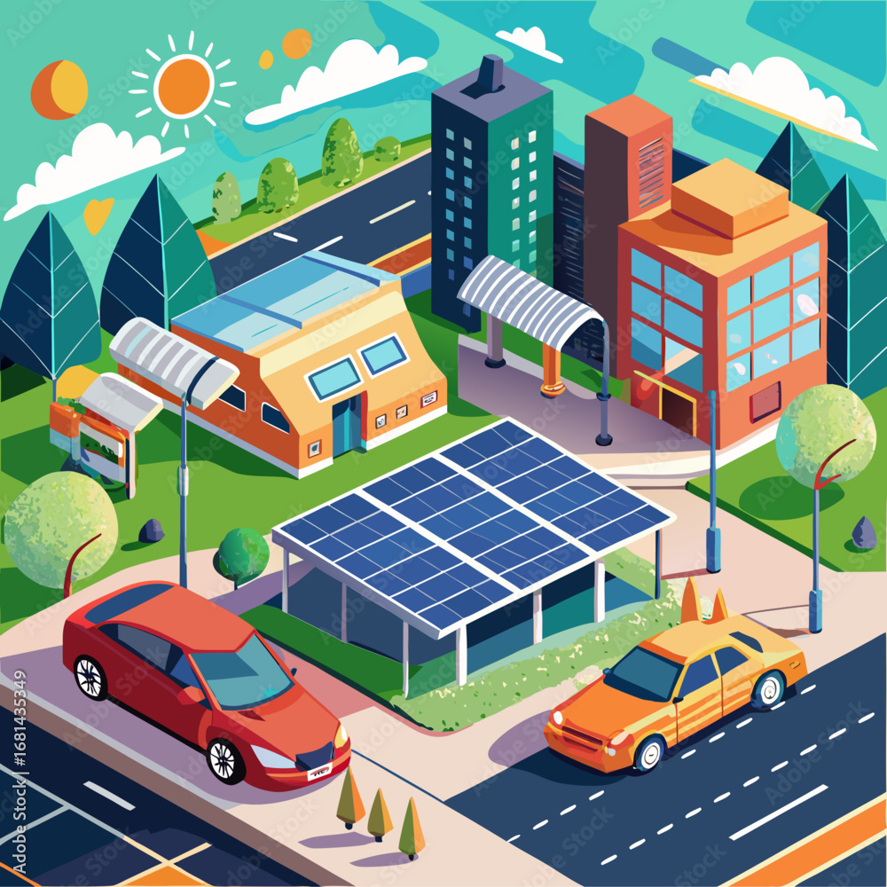 Naklejka premium Vector cartoon sustainable urban parking area with solar panels and electric cars
