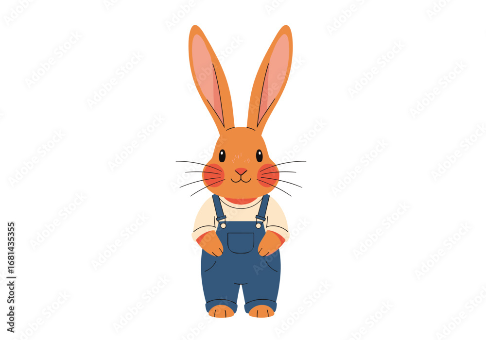 Fototapeta premium A cute cartoon orange rabbit wearing blue overalls and a white shirt