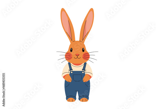 A cute cartoon orange rabbit wearing blue overalls and a white shirt