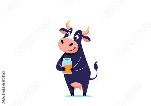 A happy cartoon cow holding a jar of honey with a smile on its face