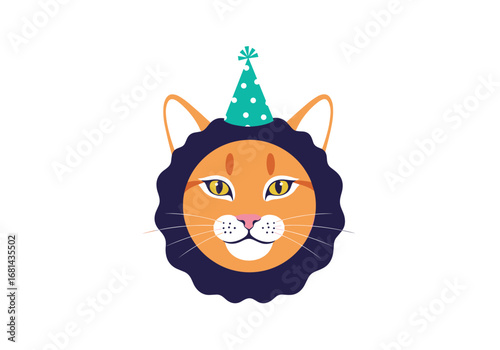 Cute anthropomorphic cat wearing a party hat and a lion mane costume celebrating a birthday party event
