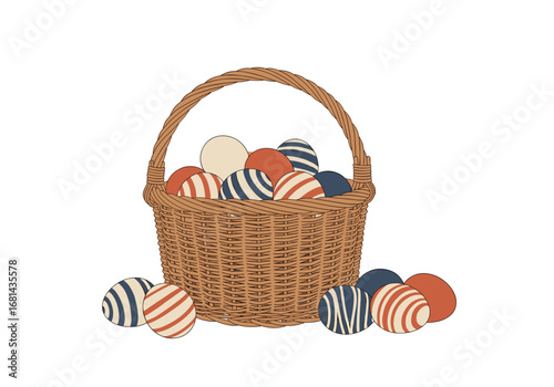 Colorful hand painted easter eggs overflowing from a wicker basket on white background