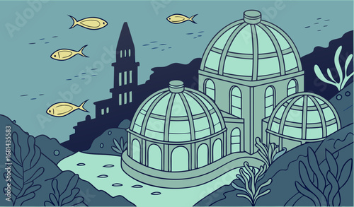 An underwater city with glowing glass domes, schools of fish swimming around, cinematic lighting, ultra-detailed and photorealistic."