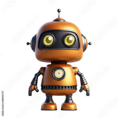 Playful Orange Robot Toy with Shiny Metallic Finish Standing on Transparent Background Perfect for Artificial Intelligence and Technology Concepts
