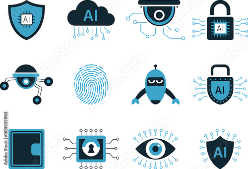 Collection of AI and technology icons representing security, data, and artificial intelligence.