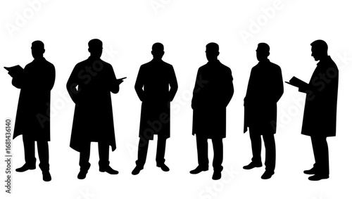 A silhouette of scientists, embodying knowledge, research, and the spirit of scientific discovery. The stark contrast highlights their forms, evoking a sense of mystery and focus. 