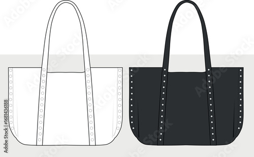 Tote bag with staple detail flat sketch fashion drawing template illustration. Suede tote bag, Canvas Carry bag flat sketch vector. CAD, Mockup.
