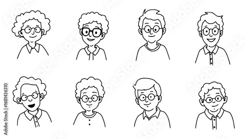 A series of diverse people portraits in a simplistic yet expressive illustration style. Each portrait is rendered in clean lines. vector illustration