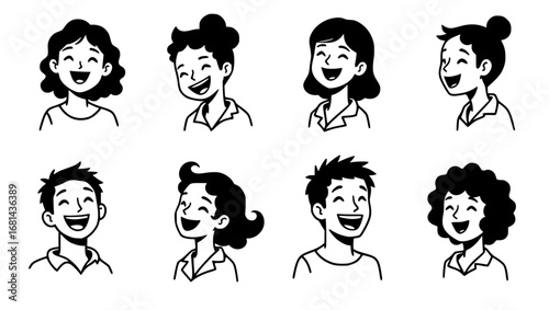 A set of cheerful, smiling individuals, drawn in a clean, graphic style, expressing genuine happiness and positivity through their open mouths and expressive eyes. vector illustration