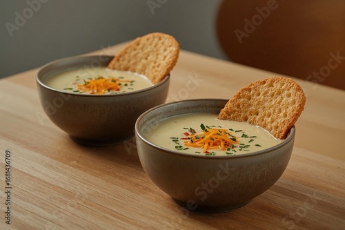 A pair of creamy soup bowls served with a crunchy cracker for midday meal