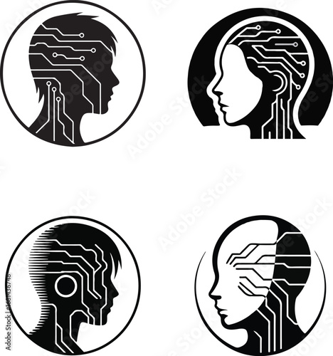 A striking set of four black and white logos representing the fusion of humanity and technology. The designs feature side-profile silhouettes of human heads integrated with intricate circuit board pat