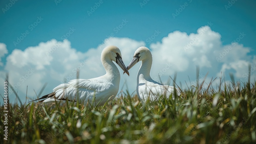 Fototapeta premium Close-up of two albatrosses bonding through beak contact