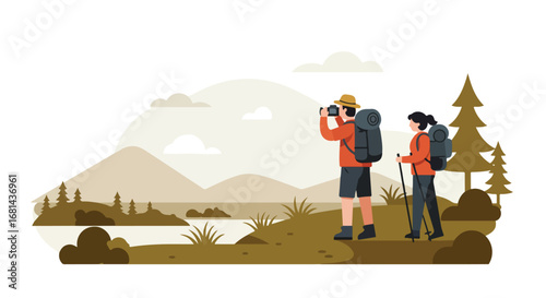 Hikers Photographing Nature View on Hiking Trail