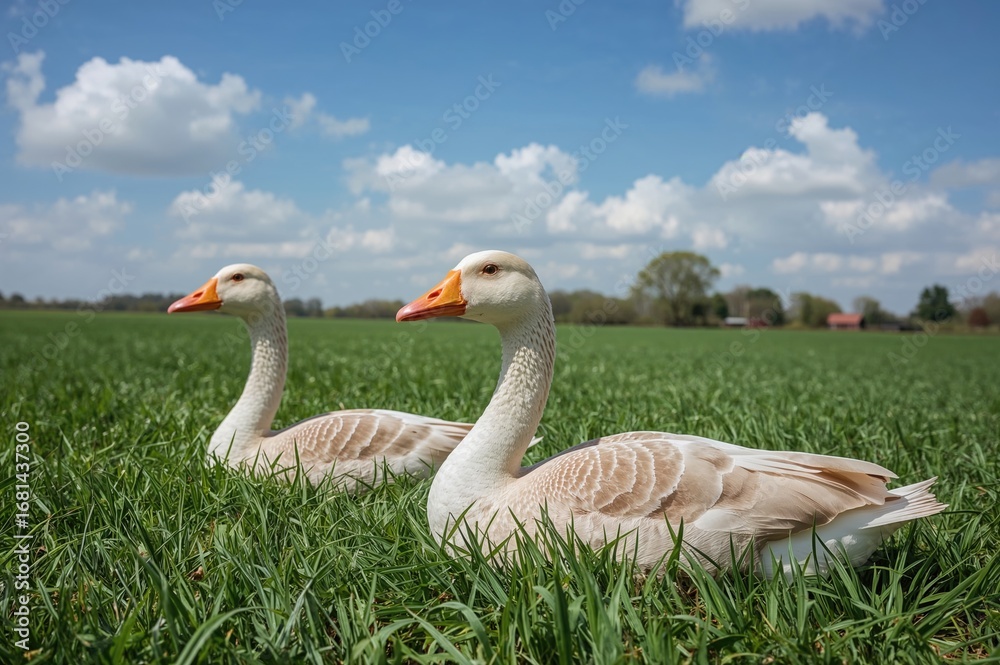 Fototapeta premium A pair of geese resting on the lawn