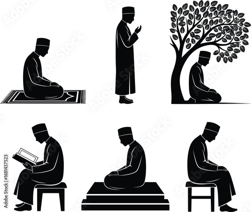 Silhouettes of Muslim men praying, reading Quran, and sitting in various postures under tree and on mats, Islamic worship vector.