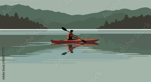 Man Paddling Kayak on a Calm Lake Surrounded by Mountains and Trees