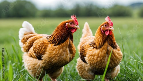 A pair of free-range chickens in a lush green field