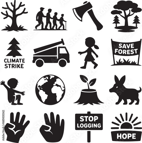 Environmental activism and nature conservation symbols in silhouette tree family