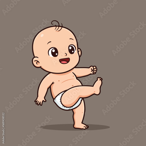Baby Kicking Leg Innocently Against a Solid Background