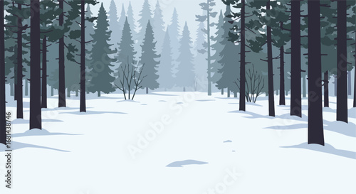 Trees Standing Silently Covered in Snow, Forest Scene, Illustration