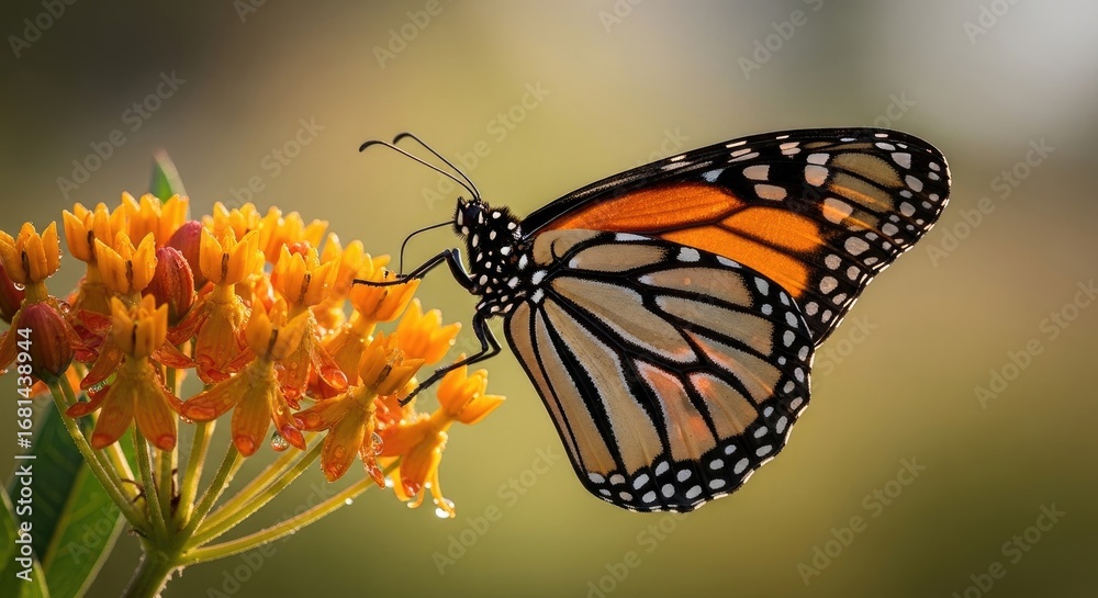 Fototapeta premium A monarch butterfly perched on a vibrant orange flower with a blurred green background.