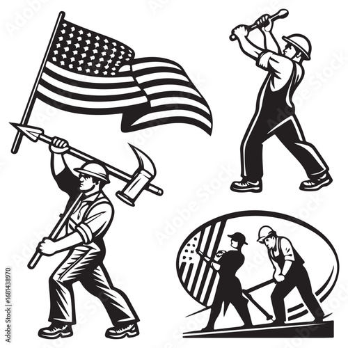 American workers in action holding tools and the flag symbolizing labor and patriotism in a vintage illustration style