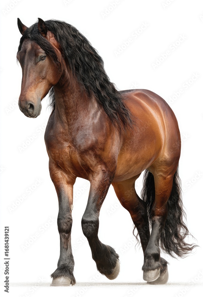 Obraz premium Full shot of a brown horse in motion. A strong, walking horse with long, flowing mane and tail