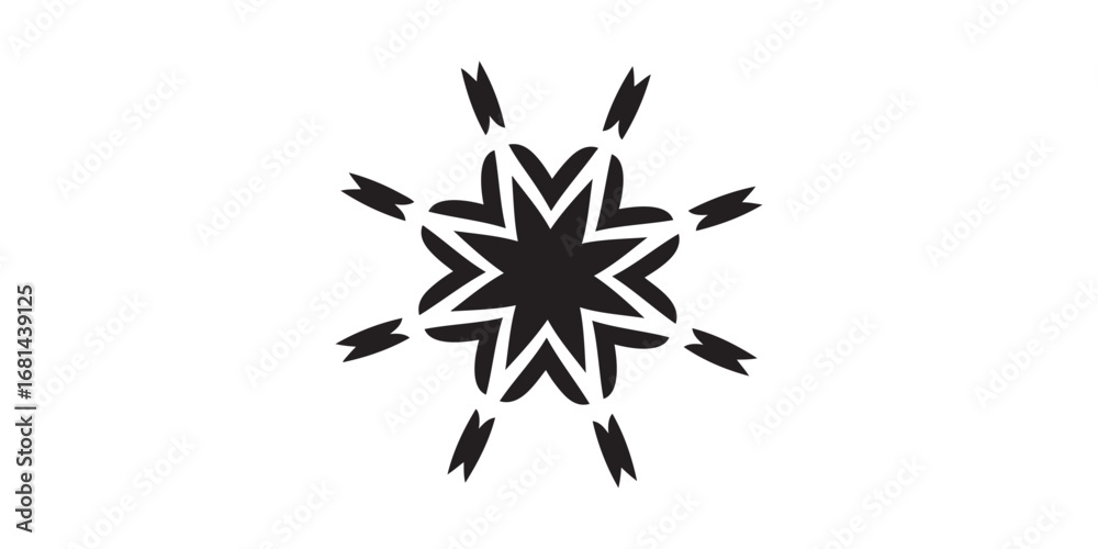 Obraz premium Black geometric eight-pointed starburst icon a symmetrical abstract mandala with radiating V-shaped arms.