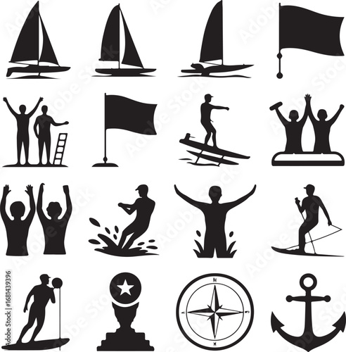 Sailing and water sports icons for marine recreation sailboat boat