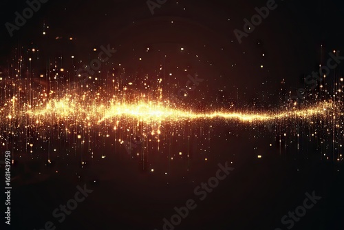 A horizontal band of golden light particles, resembling a glowing energy wave or cosmic dust trail, against a dark brown backdrop.  
