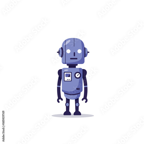 Cartoon Robot Standing Still on a White Background